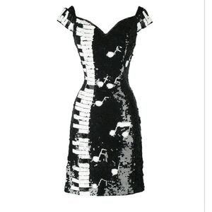 Vintage 1980s Black White Piano Keys Off Shoulder Sequin Beaded Mini Dress SM